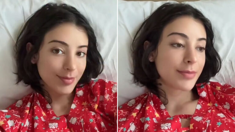 Montagem de fotos de Bella Longuinho com cabelo curto e pijama vermelho, deitada em um travesseiro branco e sorrindo levemente