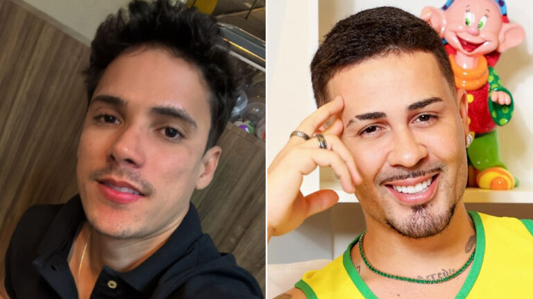 Chulipa em selfie com camisa preta em ambiente interno e Carlinhos Maia sorrindo com camiseta amarela ao lado de brinquedo colorido