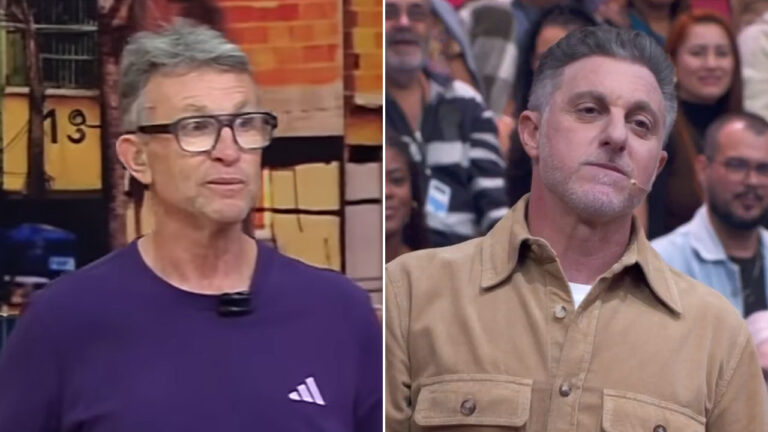 Craque Neto de camiseta roxa em Os Donos da Bola e Luciano Huck de camisa marrom no palco do Domingão