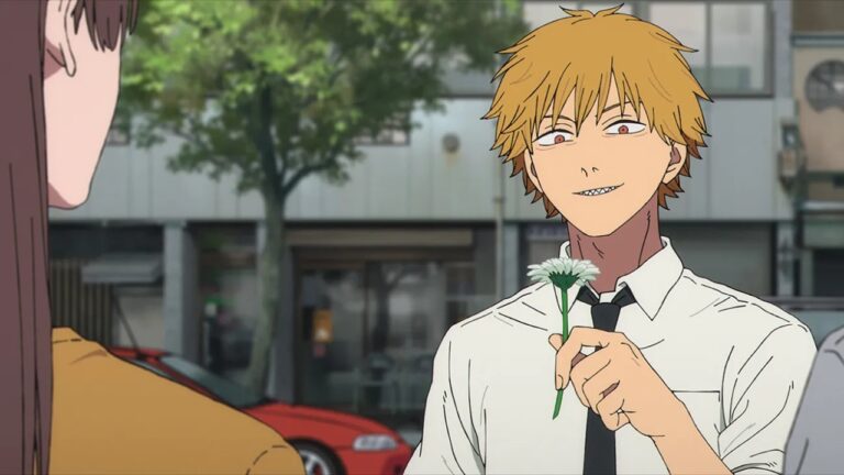 Denji segura uma flor e sorri para Makima em cena do anime Chainsaw Man disponível no Crunchyroll
