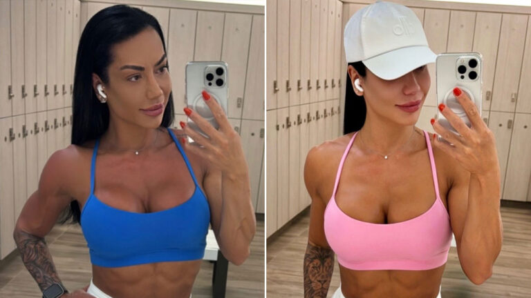 Montagem de fotos de Graciella Carvalho tirando selfie no espelho de um vestiário, usando top azul à esquerda e top rosa à direita