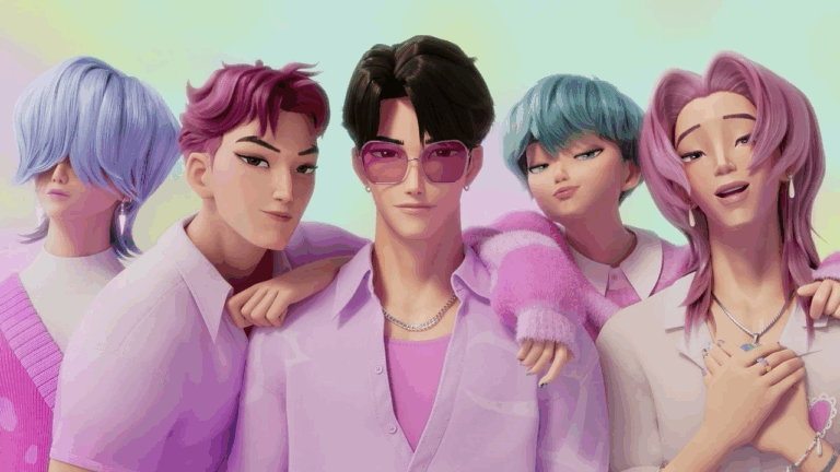 Personagens animados do filme Guerreiras do K-Pop posando juntos com roupas em tons de rosa