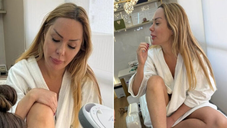 Montagem de fotos de Ju Isen com roupão branco, à esquerda em tratamento estético e à direita em sala de clínica de beleza