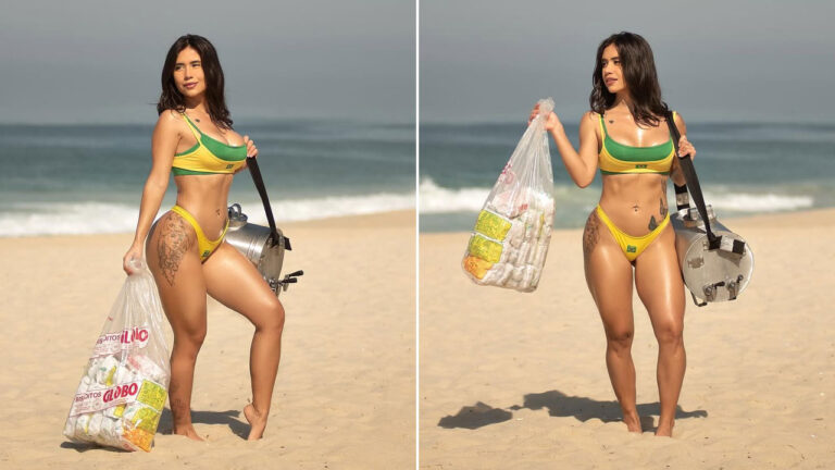 Larissa Sumpani de biquíni do Brasil posa com keg de chopp e saco de Biscoitos Globo na areia da praia