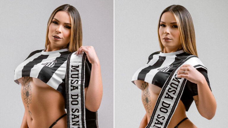 Montagem de fotos de Lays Pereira, eleita Musa do Santos, com a camisa listrada do time e a faixa com o título do concurso