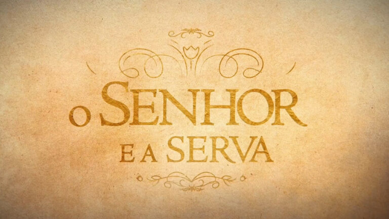 Logotipo da minissérie bíblica O Senhor e a Serva com letras douradas sobre fundo em tom de pergaminho
