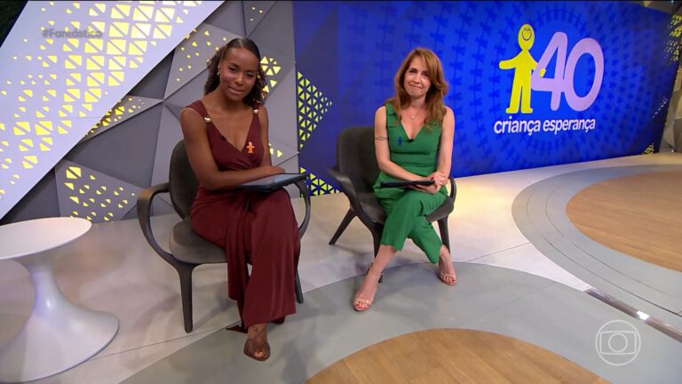 Foto das apresentadoras Maju Coutinho e Poliana Abritta no estúdio do Fantástico