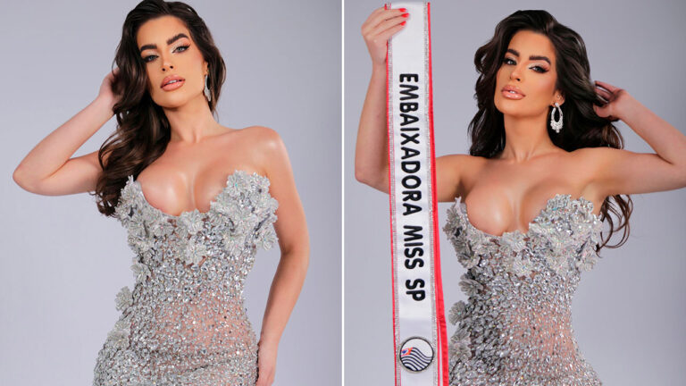 Mariana Marquini com vestido prateado brilhante segurando faixa de Embaixadora Miss São Paulo em ensaio fotográfico