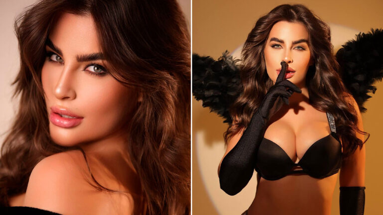 Mariana Marquini em enquadramento fechado e de lingerie preta com asas de anjo e luvas na outra foto