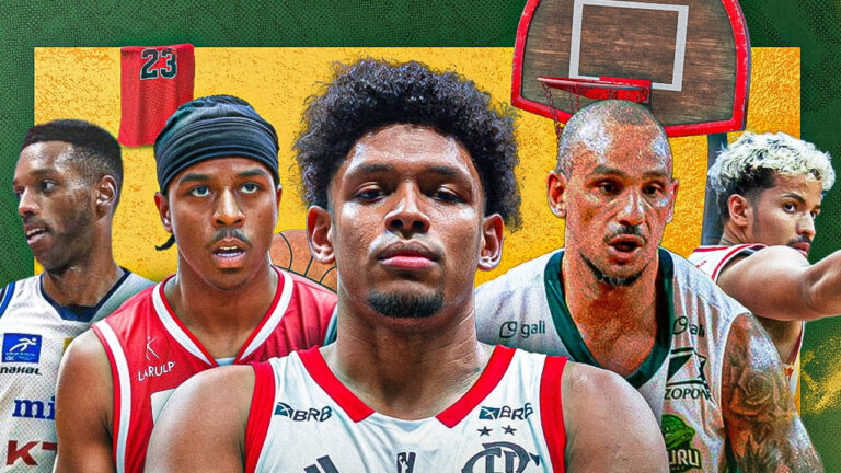 Montagem com cinco jogadores do NBB vestindo uniformes de diferentes equipes de basquete em frente a fundo colorido com tabela e camisa pendurada, representando a nova transmissão da liga pela N Sports