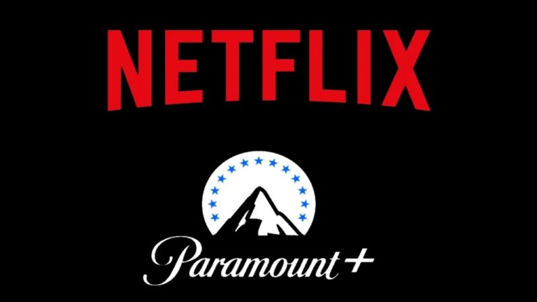 Logotipos da Netflix em vermelho e da Paramount Plus em branco e azul exibidos sobre fundo preto representando parceria entre as plataformas de streaming