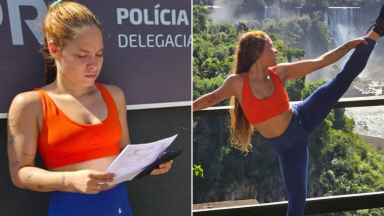 Nycole Gomes com top laranja e calça azul em frente à delegacia e nas Cataratas do Iguaçu