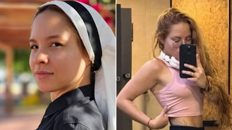 Nycole Gomes com touca de freira à esquerda e posando de top rosa com cabelo longo e tatuagens à direita