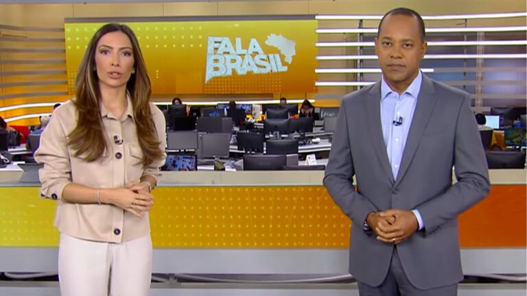 Foto de Paloma Poeta e Luiz Fara Monteiro apresentando o Fala Brasil