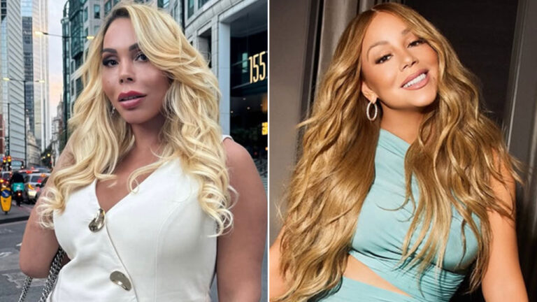 Montagem de fotos compara Suellen Carey, de colete branco na rua, com a cantora Mariah Carey, de vestido azul, destacando semelhança