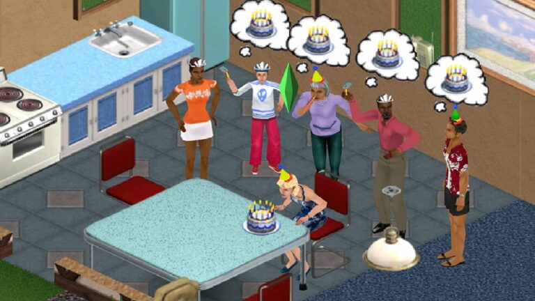 Cena do jogo The Sims mostra personagens comemorando um aniversário em uma cozinha, enquanto uma Sim assopra as velas do bolo cercada por convidados com chapéus de festa