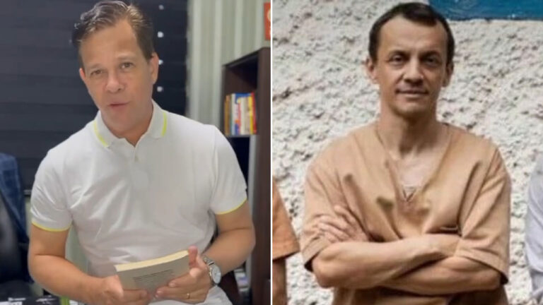 Montagem de fotos com Acir Filló de camisa polo branca e o ator Marcos de Andrade com uniforme de presidiário na série Tremembé