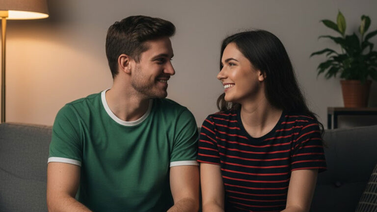 Casal sorri olhando um para o outro no sofá. Ele usa camisa verde com gola branca e ela usa camisa preta com listras vermelhas