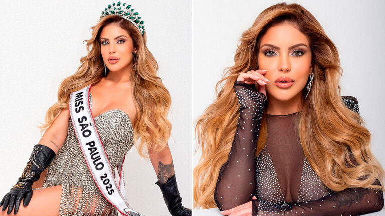 Duda Mattos em montagem com duas fotos, em uma vestindo coroa e faixa de Miss São Paulo em ensaio fotográfico