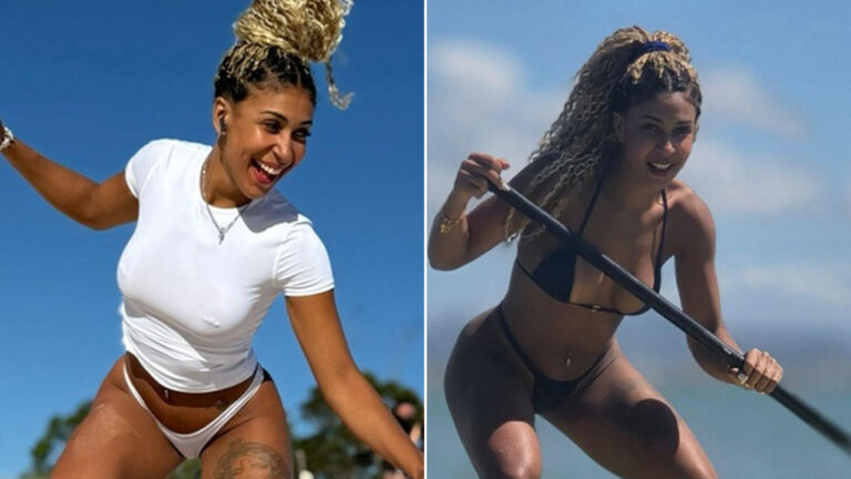 Montagem de fotos da influenciadora Emelly Souza: à esquerda, ela sorri de camiseta branca em sandboard, e à direita, pratica stand up paddle