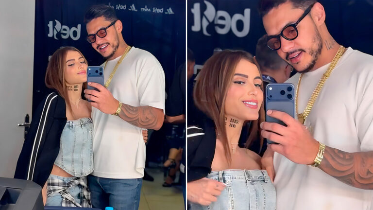 Montagem de Fernanda Campos e o rapper Hungria em selfie com celular, ele de camiseta branca, ela de top jeans