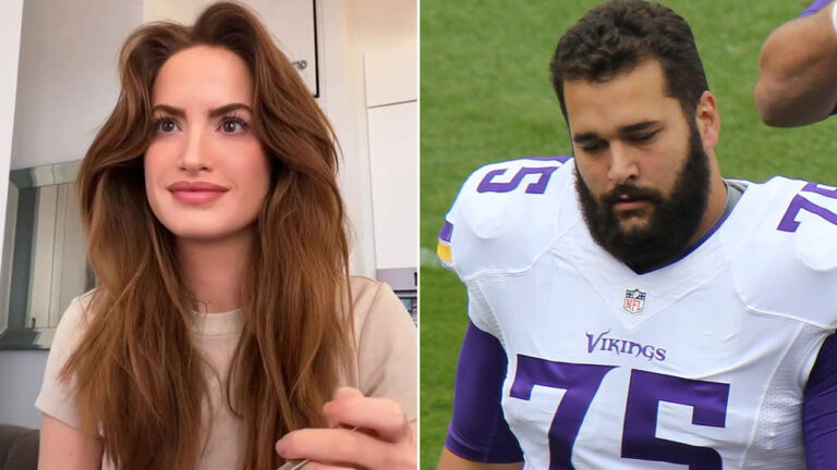 Montagem de fotos da influenciadora Haley Kalil (esquerda) e do jogador de futebol americano Matt Kalil (direita), com barba e uniforme
