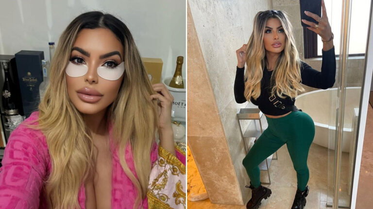 Janaína Prazeres em montagem com duas fotos, em uma usa roupão pink e na outra roupa preta e calça legging verde