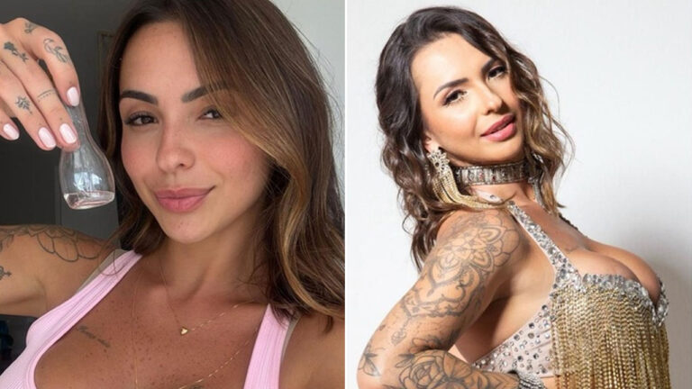 Montagem com duas fotos da influencer Karol Rosalin, sorrindo e exibindo as tatuagens no braço e nas mãos