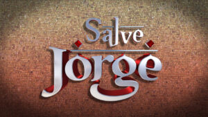 Logotipo da novela Salve Jorge com letras metálicas em prata e vermelho sobre fundo de mosaico dourado