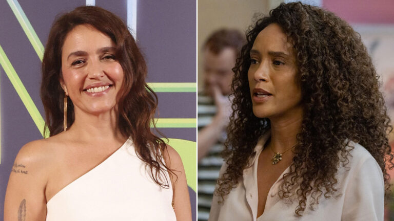 Montagem de fotos da autora Manuela Dias em evento e da atriz Taís Araujo como Raquel com cabelo cacheado em cena de Vale Tudo