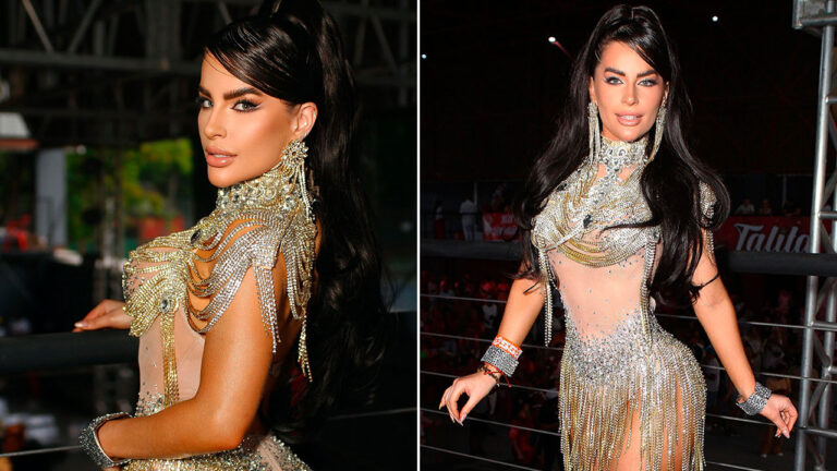 Montagem de fotos da musa Mari Marquini com fantasia luxuosa de carnaval com brilhos dourados e franjas longas e cabelo preso em rabo de cavalo