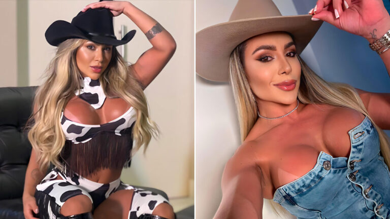 Montagem de fotos da influenciadora Mari Reis com chapéu de cowboy e roupas sensuais com tema country inspiradas em A Fazenda