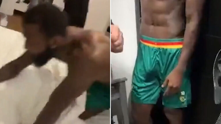 Montagem de vídeo com o jogador Moumi Ngamaleu em quarto de hotel vestindo apenas um short, em flagra de traição