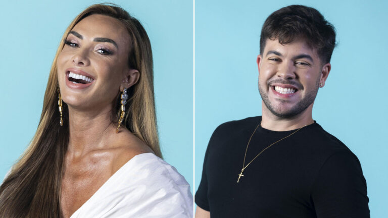 Montagem com a modelo Nicole Bahls e o influenciador Álvaro, ambos sorrindo, em estúdio de cores claras