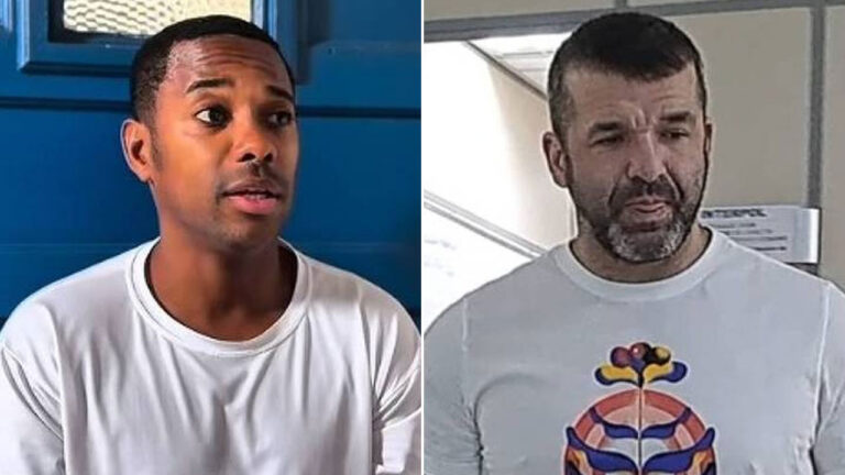Montagem com o jogador Robinho em camiseta branca e o empresário Thiago Brennand usando camiseta estampada com barba
