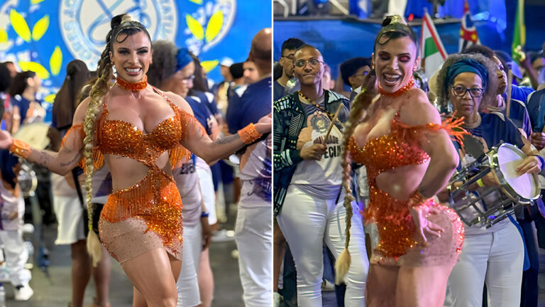 Vivian Cristinelle com fantasia laranja de carnaval, cabelo trançado, sorrindo e sambando