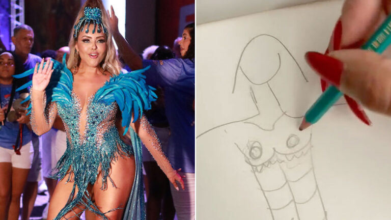 Ana Beatriz Godoi usa fantasia azul de penas e brilhos ao lado de mão desenhando o esboço do figurino a lápis em papel branco