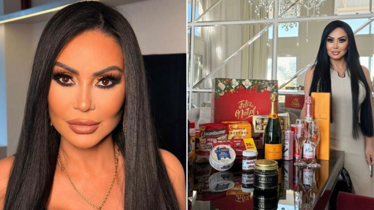 Ana Paula Oliveira de cabelos longos e maquiagem marcante aparece em montagem de fotos, sendo uma em close e outra ao lado de uma mesa com itens de cesta de Natal de luxo