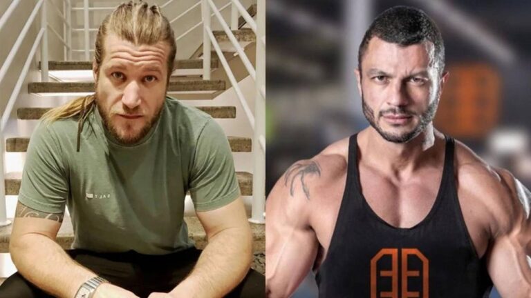 Montagem com dois homens — à esquerda, um homem de cabelo loiro preso para trás, barba e camiseta verde posa sentado em uma escada; à direita, um homem de cabelo curto e barba bem aparada veste regata preta mostrando o físico musculoso e encara a câmera com expressão séria