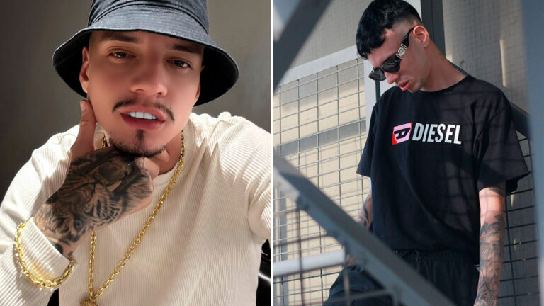 Eduardo Mancini posa de chapéu com mão tatuada no rosto e veste camiseta preta da Diesel e óculos escuros em montagem de fotos