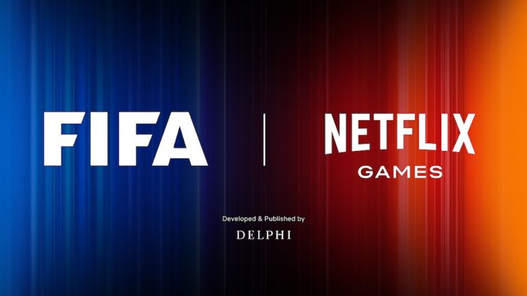 Logotipos da FIFA e Netflix Games lado a lado separados por linha vertical sobre fundo em degradê azul e vermelho com crédito da desenvolvedora Delphi abaixo
