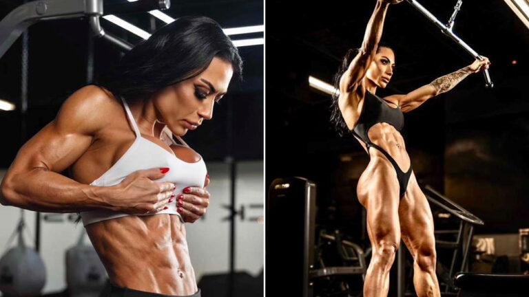 Montagem de fotos da musa fitness Graciella Carvalho exibindo seu abdômen trincado e corpo musculoso em poses durante treino na academia