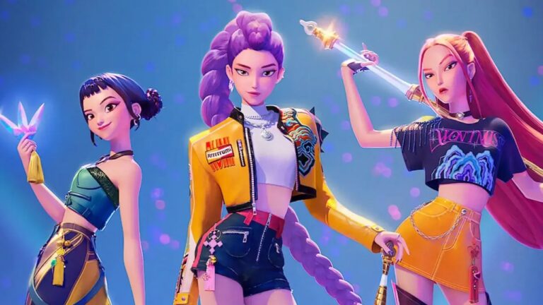 Três personagens femininas animadas com roupas coloridas e expressões confiantes posam segurando armas brilhantes