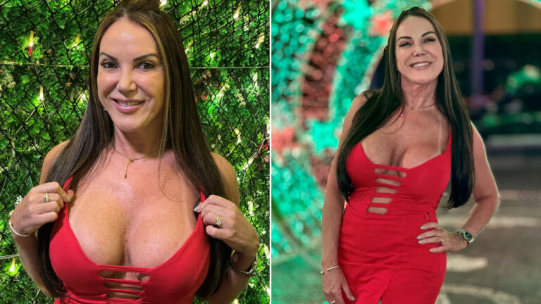 Ivy Mena sorri de vestido vermelho com recortes e posa diante de luzes verdes em montagem