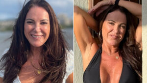 Montagem com Ivy Mena sorrindo de blusa branca à esquerda e à direita em biquíni preto de costas com os braços erguidos