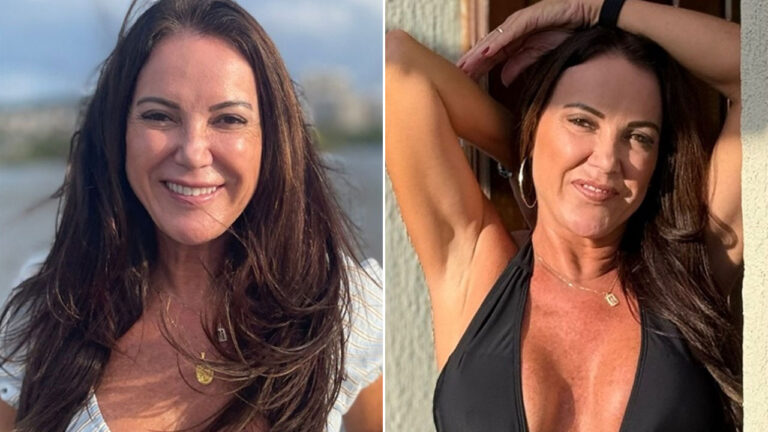 Montagem com Ivy Mena sorrindo de blusa branca à esquerda e à direita em biquíni preto de costas com os braços erguidos