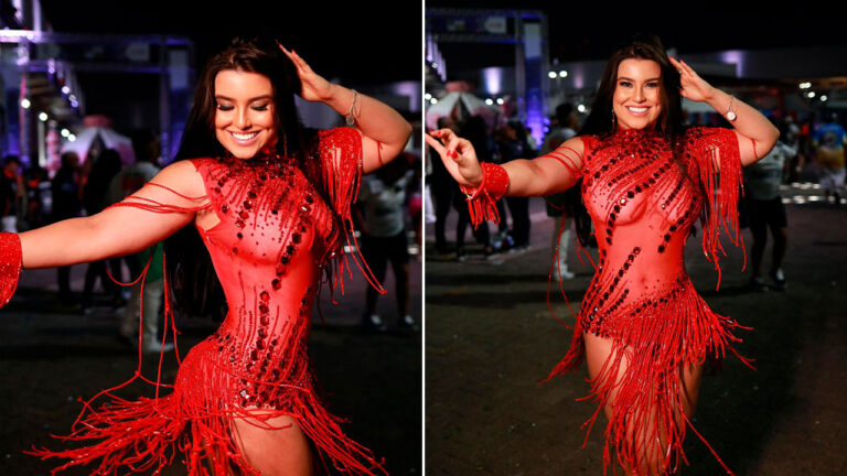 Montagem de fotos de Izadora Morais sorrindo e posando com fantasia de Carnaval vermelha com franjas e pedrarias em evento noturno