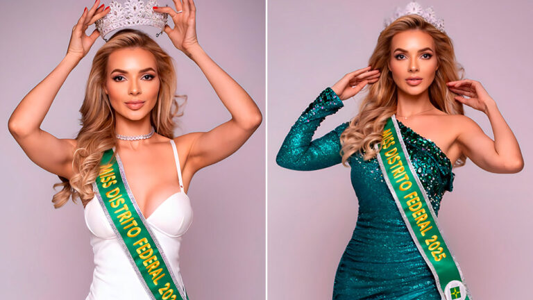 Josi Oliveira usando a faixa Miss Distrito Federal e coroa, em duas fotos com vestido branco e verde