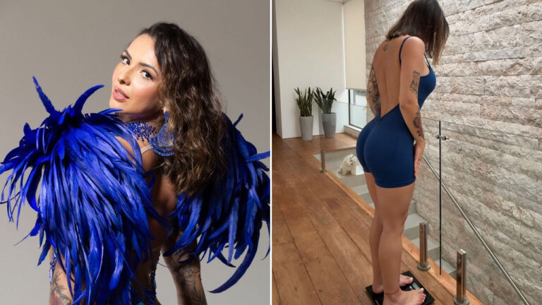 Karol Rosalin com fantasia de asas azuis em ensaio fotográfico e em pé sobre uma balança usando macacão azul justo em sua casa
