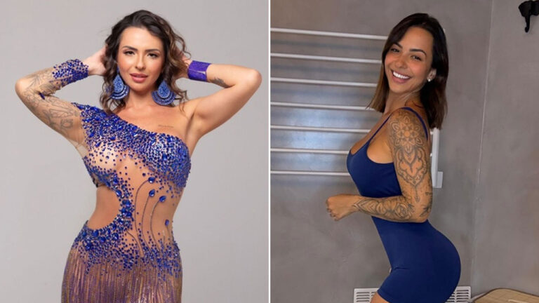 Karol Rosalin posa em montagem com vestido transparente de pedraria azul e em pose lateral com macacão curto azul e braço tatuado